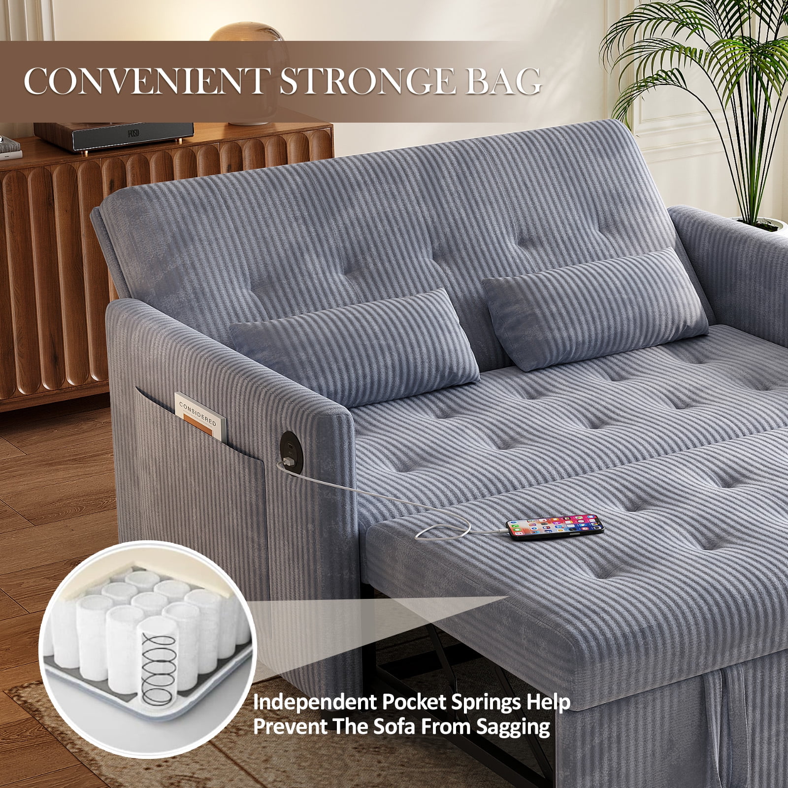 Loveseat Sleeper Sofa,Convertible Sofa Bed,3-in-1 Modern Couch with Pull Out Bed,Sofa Bed with Pockets and USB for Small Spaces,Grey