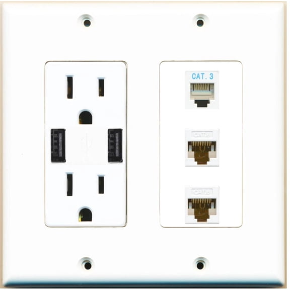 Ultra Spec Cables 1 Port Phone 2 Port Cat6 Ethernet Wall Plate w/2 USB-Charger Power Outlet