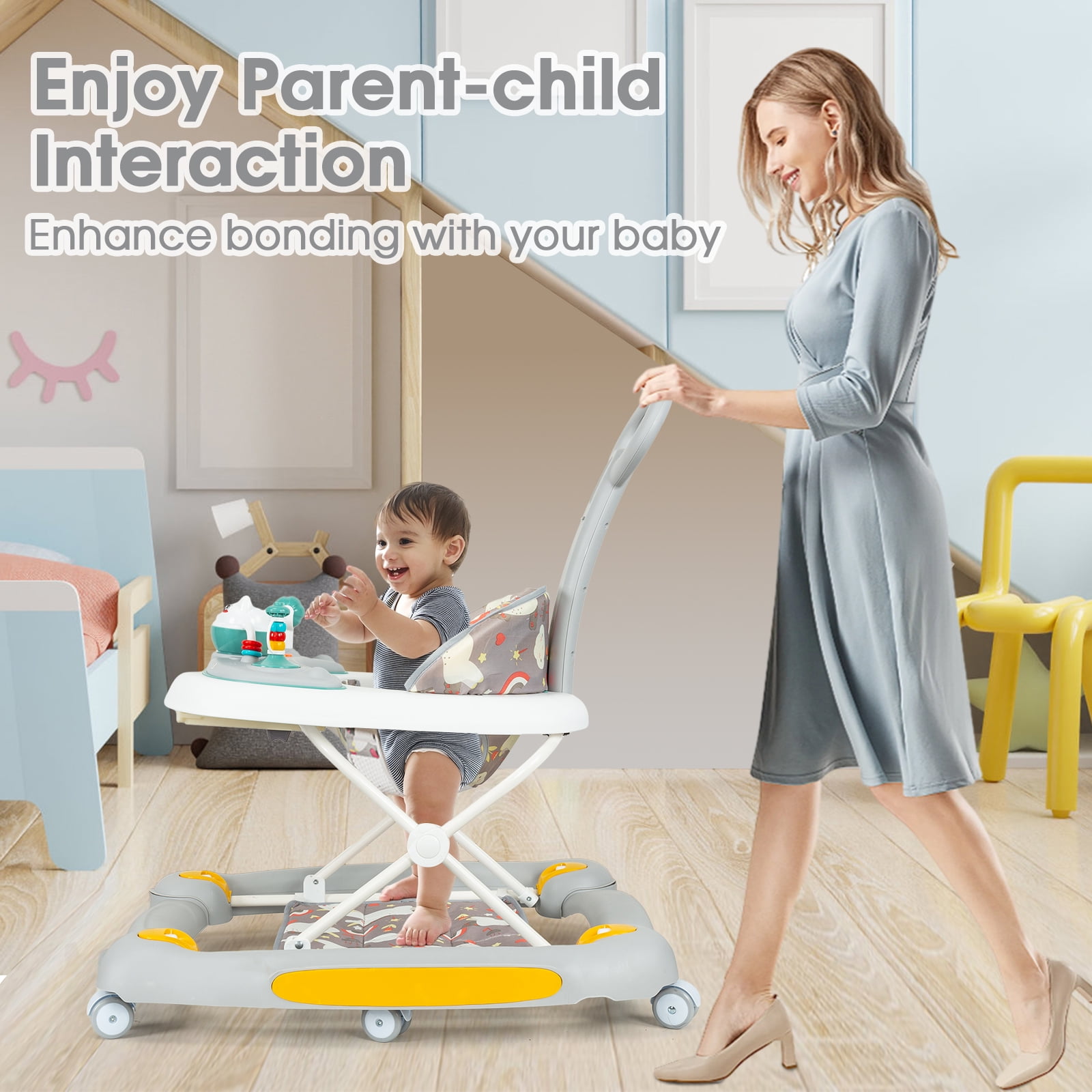 YYW 6-in-1 Baby Walker, Foldable Push Walker with Musical Activity Station for 6-24 Months, Gray