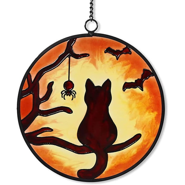 Adorno colgante de vidriera con forma de gato y luna, diseño de luna de otoño, gato negro, decoración para el hogar, jardín, patio, atrapasueños, idea de regalo para amigos, familia, Navidad, Acción de Gracias, 5,6 x 5,6 pulgadas ER