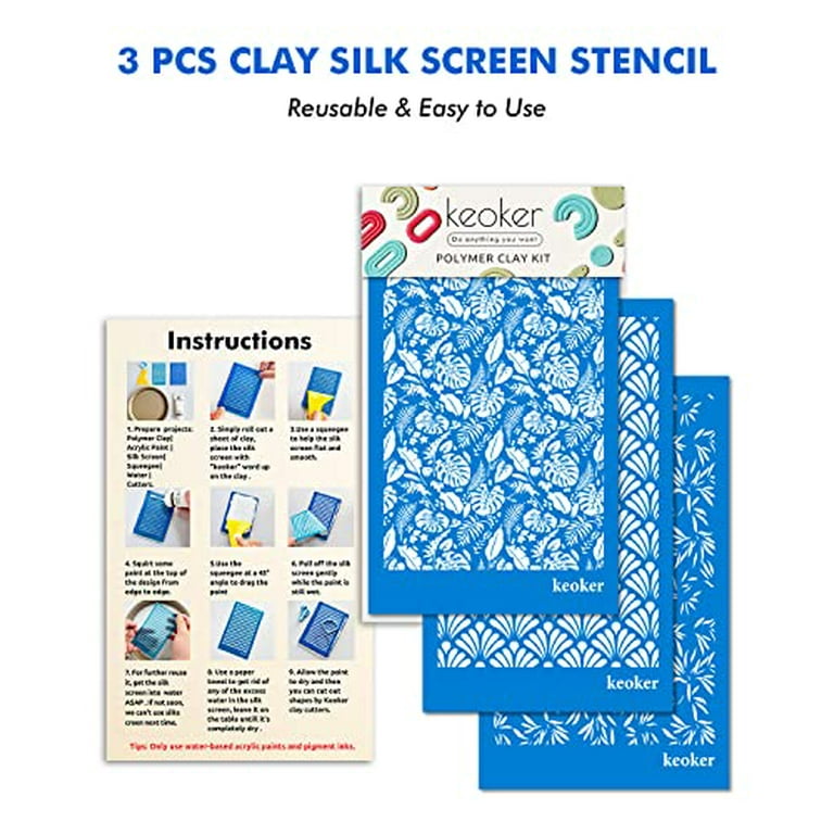 Silk Screen Stencils for Polymer Clay, 3 PCS Reusable Silkscreen Print  Kit,for Printing on Clay & Other Jewelry Clay Earrings Decoration, Each 6  X