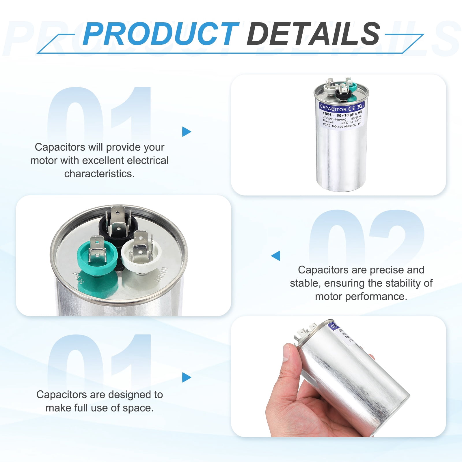 Uxcell 2Pcs 60+10MFD CBB65 Run Start Capacitor 60+10uF, 370/440V Round AC Capacitor for AC Motor Run, HVAC, Air Conditioner, Condenser Motors