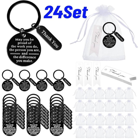 72 Piece (24 Set) Employee Appreciation Gifts Bulk, Coworkers Keychains with Organza Bags and Cards, Teacher Nurse Staff Thank You Gifts Black