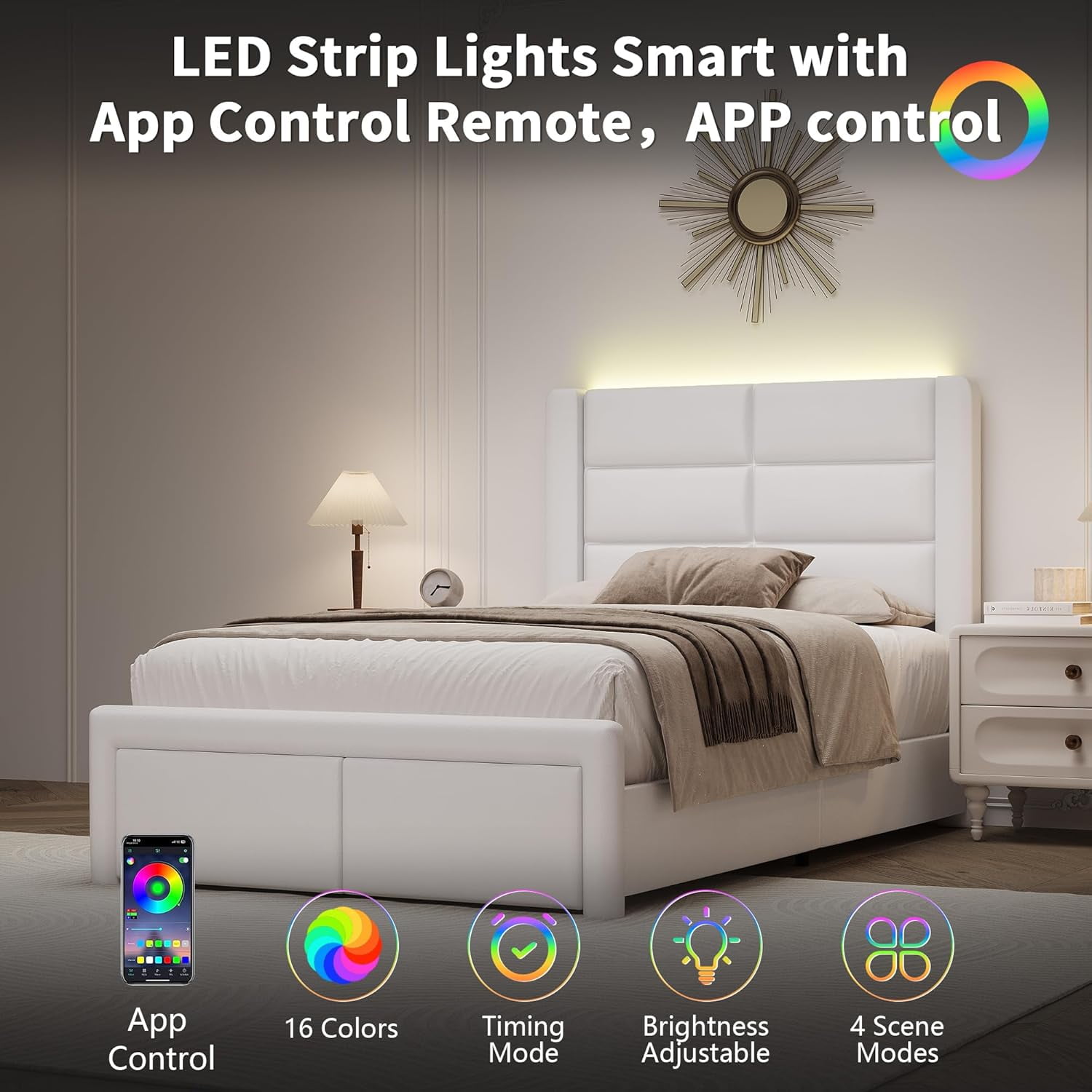 4 EVER WINNER Twin Bed Frame with LED Light, Modern Upholstered Platform Bed Frame Headboard and Footboard, White Twin Size Bed Frame, White