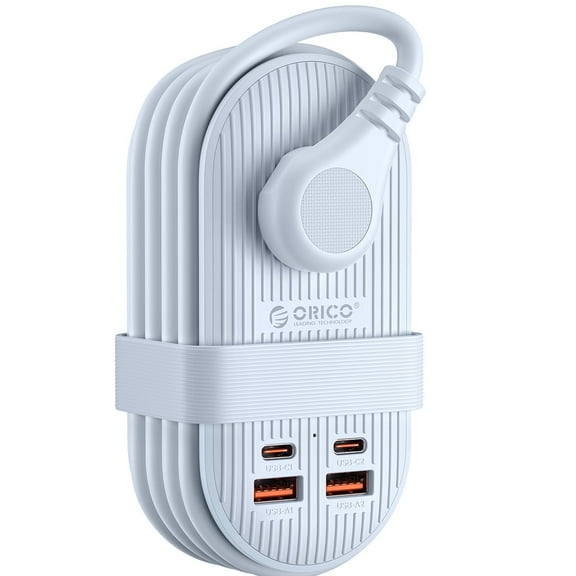 ORICO 65W 7-in-1 Portable Travel Power Strip with USB Ports – 4.4ft Flat Plug Extension Cord with 3 AC Outlets, 2 USB-A, 2 USB-C , Cruise Ship Approved Compact Charging Station(65W,BLUE)