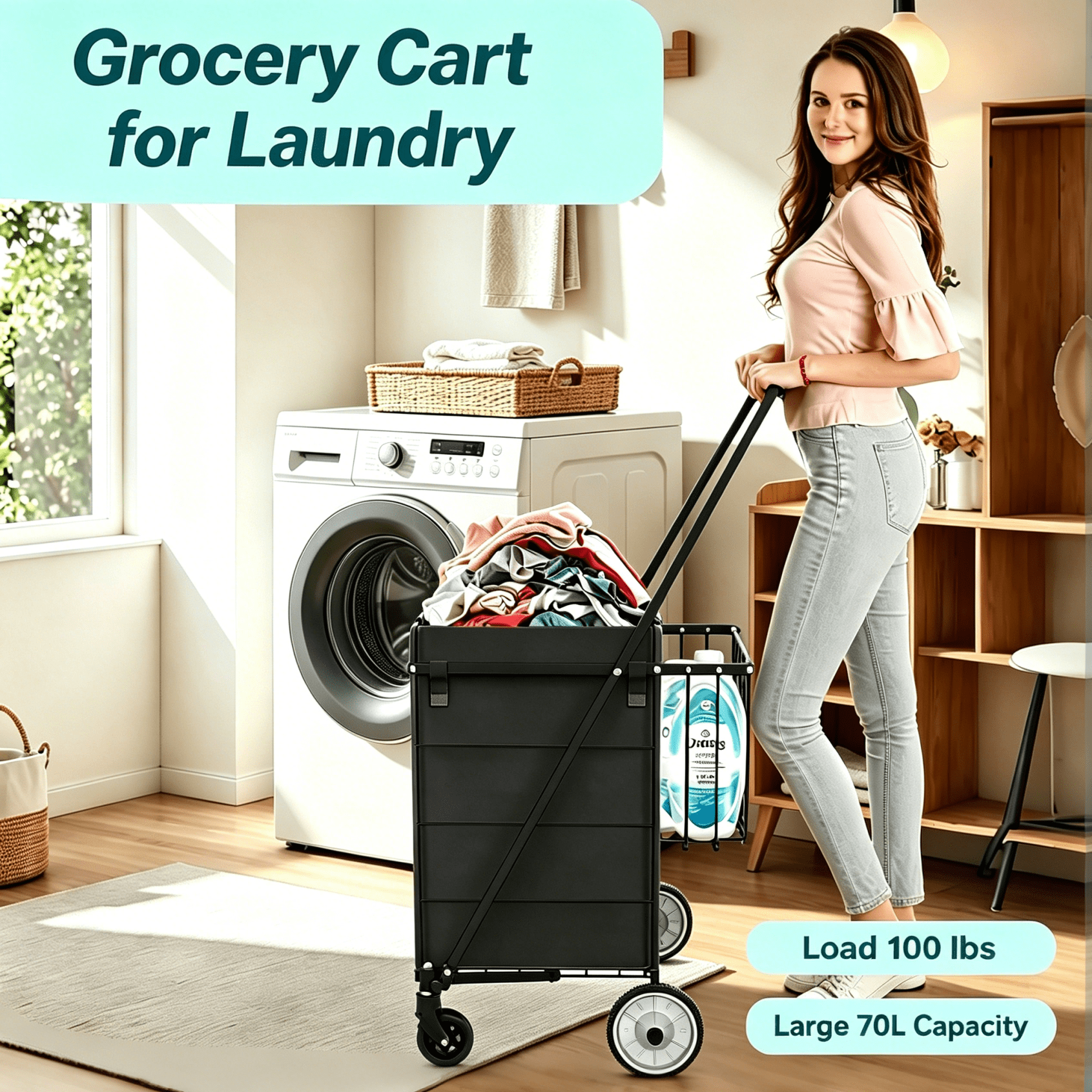 Rolling Grocery Cart 85L 100 lbs Capacity Dual-Basket with 5.5 Inch Metal Wheels for Shopping Camping