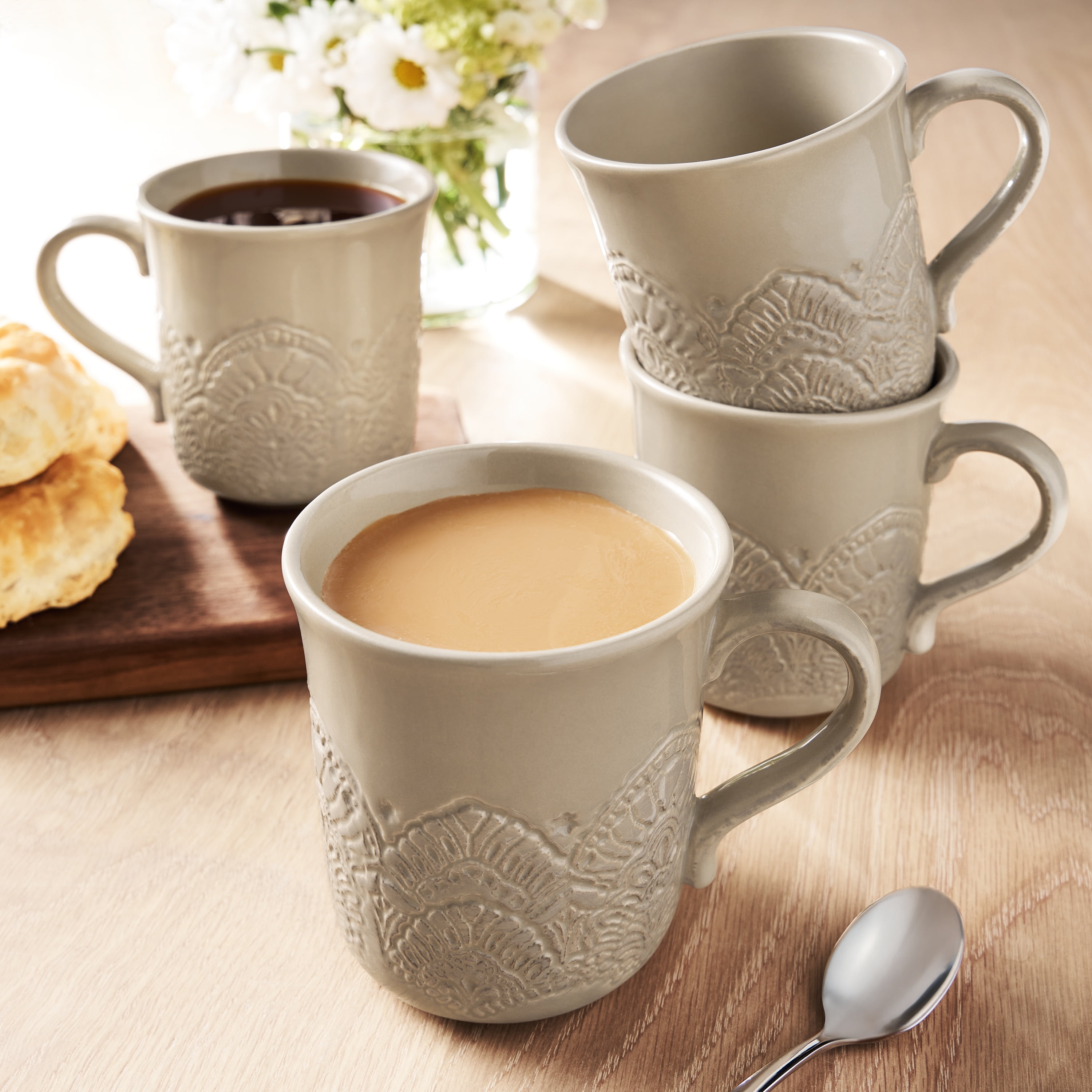 The Pioneer Woman Vintage Lace Ceramic Mug Set, Taupe, 4-Pack