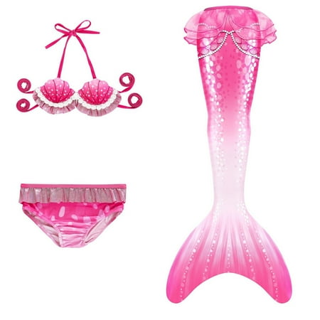 Rhuody 6-7 Years Girl Swimsuit 3 Pcs Swimwear Bikinis Bathing Suit Kids Ruffle Top With Shorts Fish Tail Set Swimwear Trend Beach Wear Hot Pink