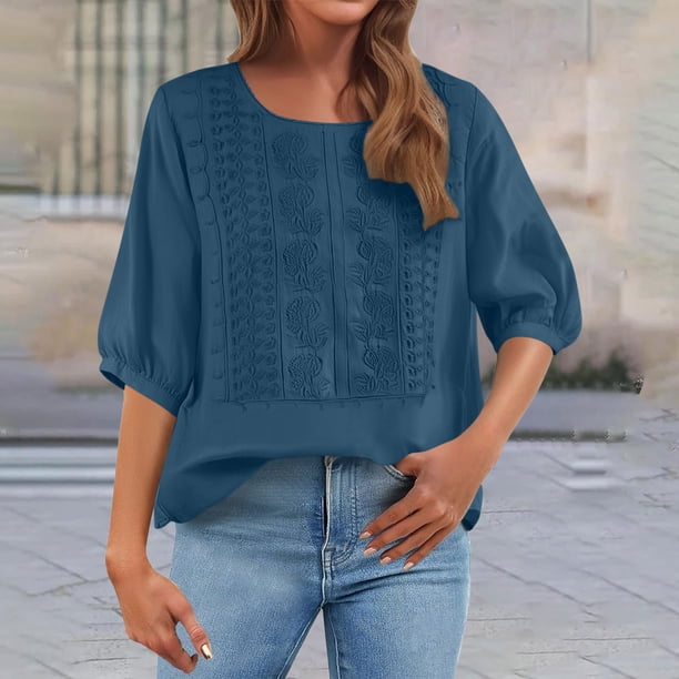 TaTaai Women's Casual Top / Vintage Embroidered Round Neck Short Sleeve Shirt / Loose Fit Cotton Linen Blend T-Shirt Gift