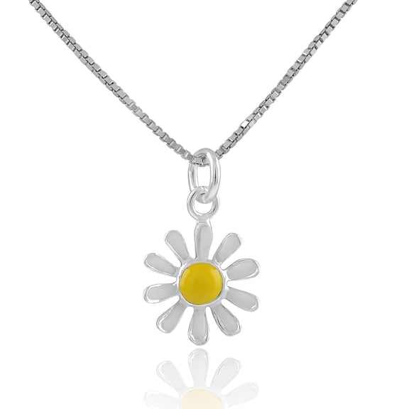 SilverCloseOut 925 Silver Daisy Flower Pendant Necklace with Yellow & White Enamel