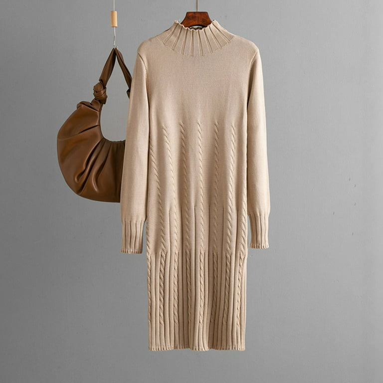 Enjoytime Womens Winter Dresses Solid Color Round Neck Long Sleeve Knit Midi  Dress Fashion Casual Loose Fall Dresses Khaki Free Size - Walmart.com