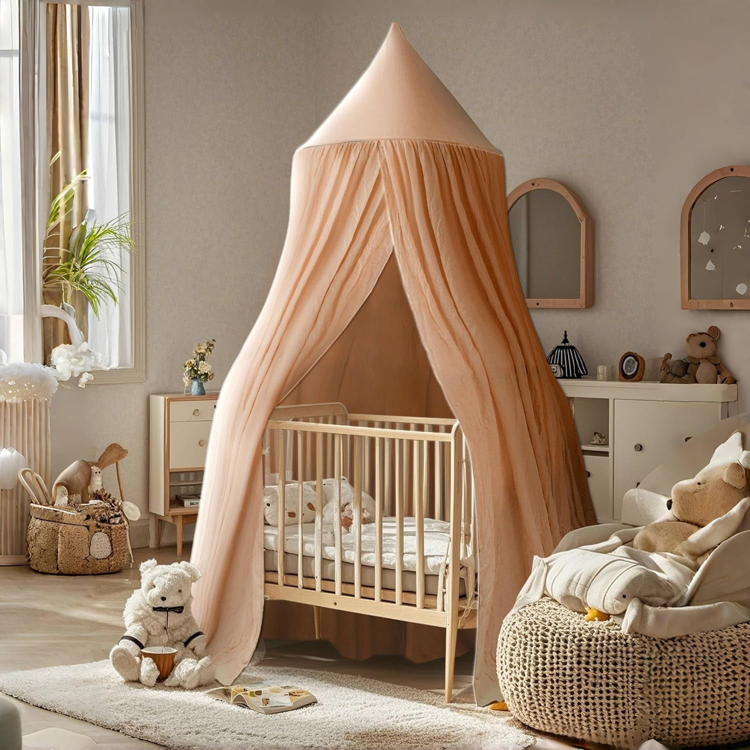 CAILDANL Cotton Kids Bed Canopy, Nursery Room Baby Crib Hanging Curtain Mosquito Net Hideaway Bedding Children Reading Nook Decoration, Pastel Neutral Color for Boys & Girls (Pink)