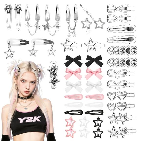 Bocaoying 42 Pcs Y2K Hair Clips Set, Y2K Silver Metal Barrettes for Women, 3 Colors Satin Hair Bows Cute Snap Clips, 2000s Punk Kawaii Hair Pins Accessories for Women Party Wear