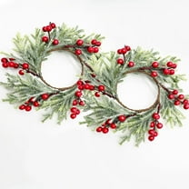 2pcs Small Christmas Wreath Candle Rings Artificial Cedar Cypress Wreaths with Red Berries, Candle Holders for Holiday Table Centerpiece Decor Great Christmas Decorations(Candle Rings 03)