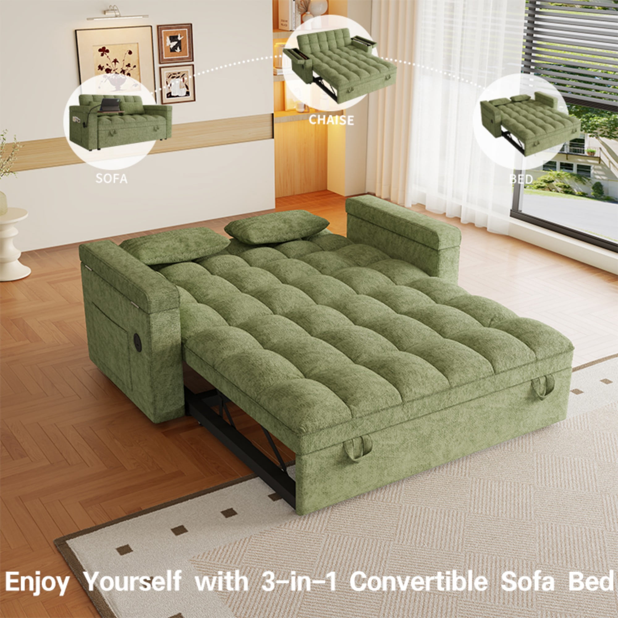 DEALTOPS 65" Chenille 3-in-1 Pull Out Sleeper Sofa Bed, Loveseat Couch with Tray Table & USB, Green