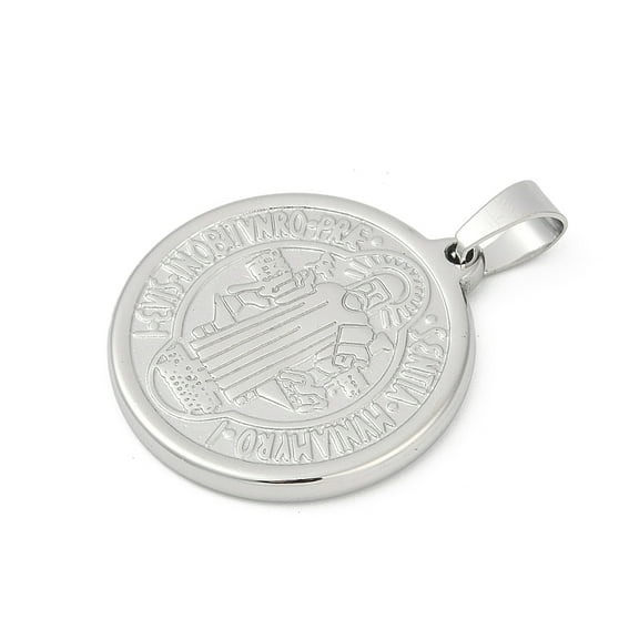 10 pc 304 Stainless Steel Pendants Flat Round with Saint Benedict Medal Stainless Steel color 27.5x25x3mm Hole: 8x4.5mm