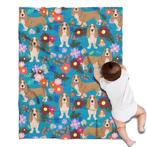 Basset Hound Dog and Flower-1 Blanket,Comfortable Soft Flannel Throw Blanket,All Season,Warm Lightweight Blankets for Sofa Bed Couch Living Room Chair,30"x40"
