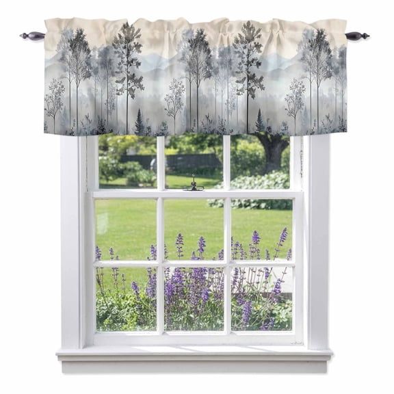 Watercolor Forest Kitchen Curtain Valances for Windows Farmhouse Short Curtains, Vintage Mountain Branches Tree Rod Pocket Valance Curtain for Bedroom Cafe Living Room 60"x18"