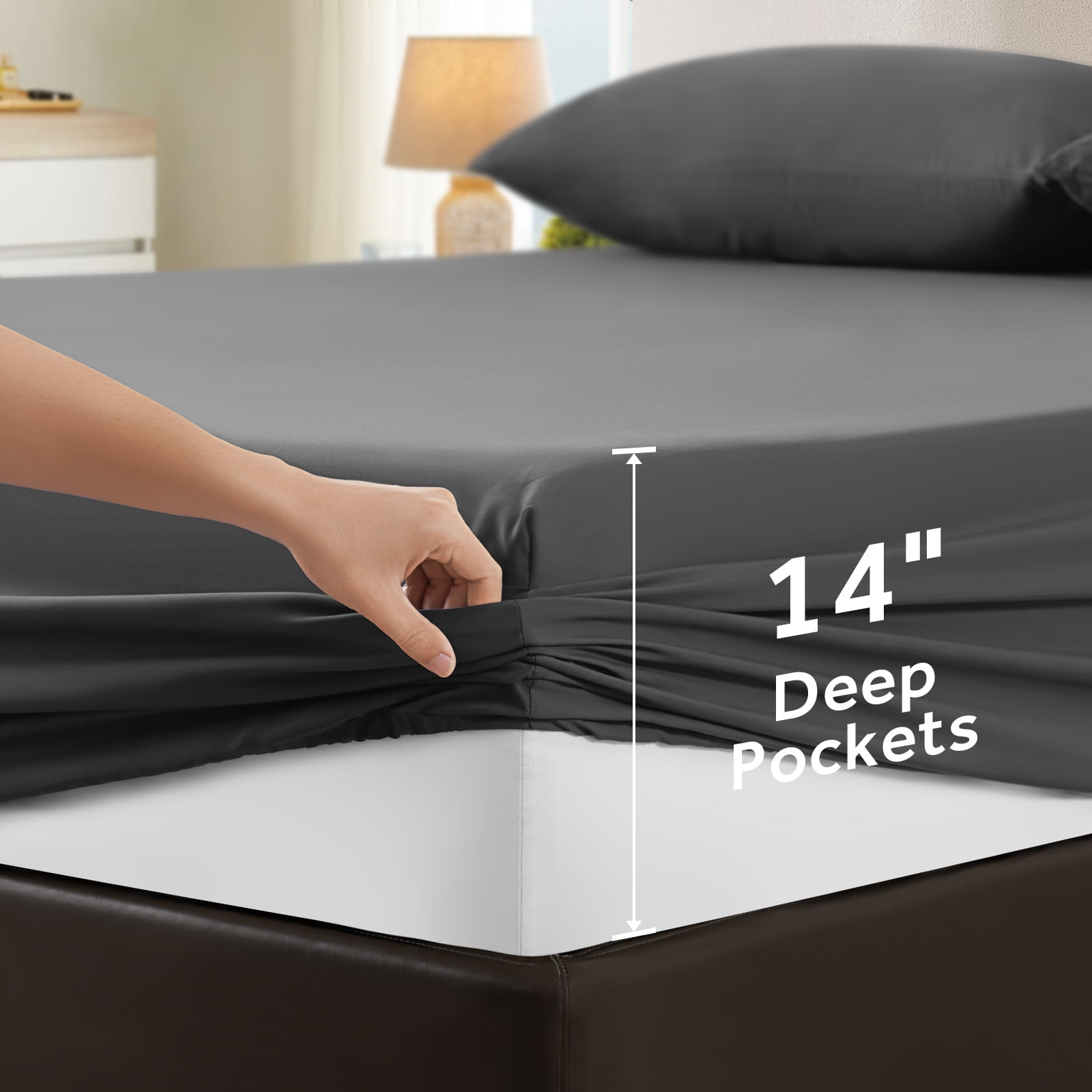 EMONIA Queen Bed Sheet Set 4-Piece with 14" Deep Pocket, Hotel Luxury Super Soft & Breathable Polyester Washed Cotton Fabric (Dark Gray)