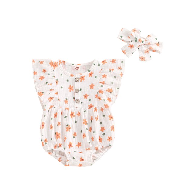 EYIIYE Toddler Casual One-piece Jumpsuits 0-18M Infant Baby Girl 2Pcs Summer Outfits Ruffle Sleeve Bodysuits Crew Neck Button Front Rompers with Headbn Casual Cute Clothes for Daily Vacation