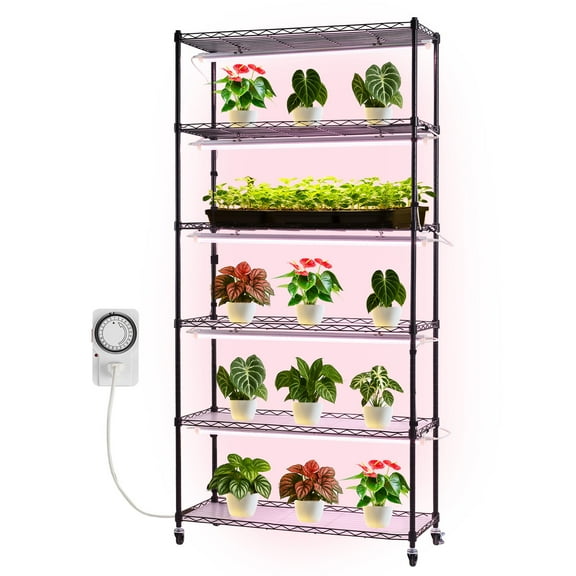 KFFKFF 6-Tier Indoor Plant Stand with Grow Light, 71in Tall Plant Display Rack with Wheels & Timer, 150W Full Spectrum 3800K Grow Lights, Metal Flower Pot Holder for Seed Germination