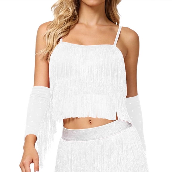 Fiaer Women's Latin Dance Tank Tops Sequin Fringe Tube Top Belly Dance Outfit with Tassels for Party Club Wear White XL