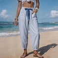thumbnail image 2 of Womens Summer Striped Barrel Pants Comfy Drawstring Cropped Pant with Pockets Beach Vacation Elastic Waisted Trousers Blue S, 2 of 7