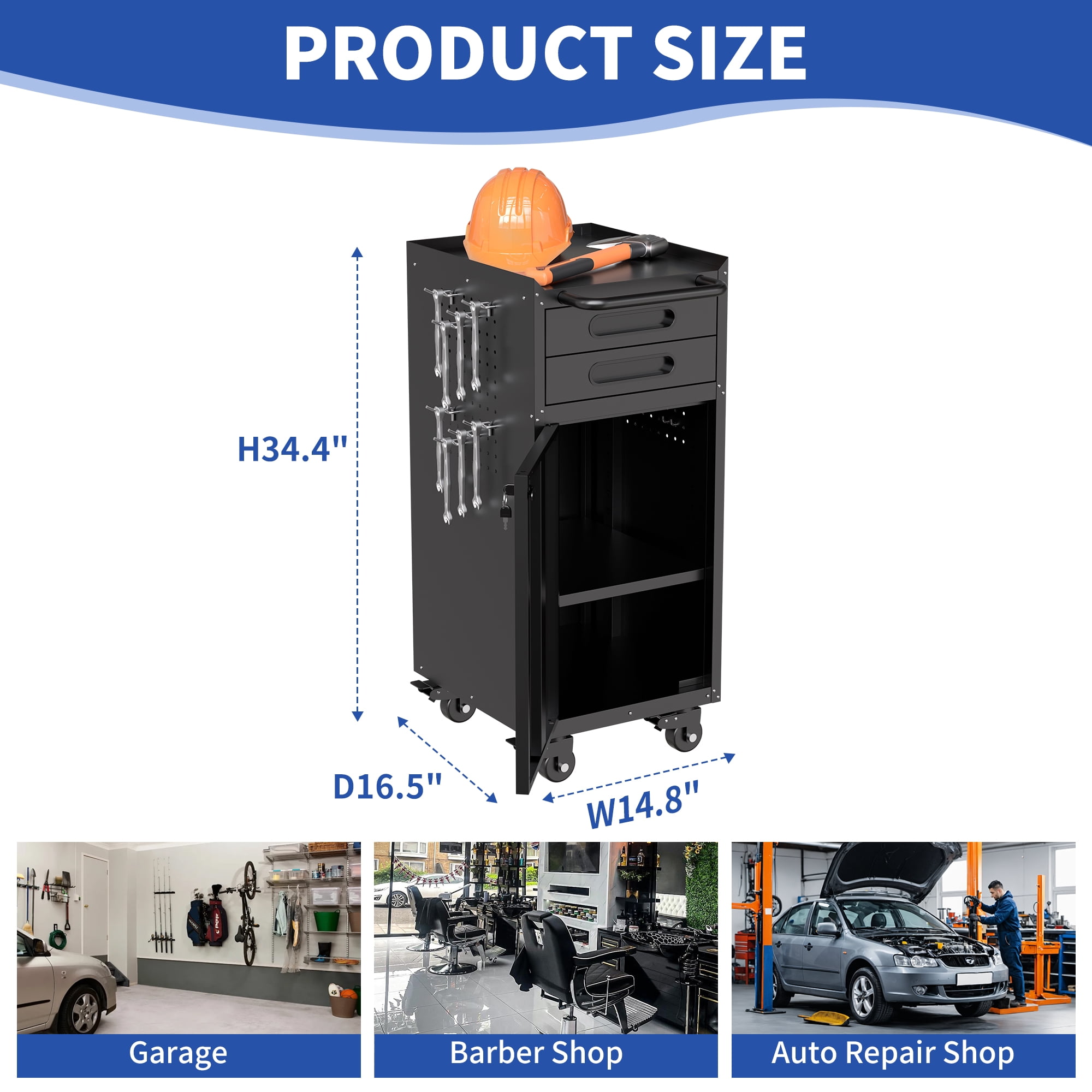Rolling Tool Cabinet – Slim Storage, Lockable Door, 2 Drawers & Handle, 4 Swivel Casters (2 Lockable)