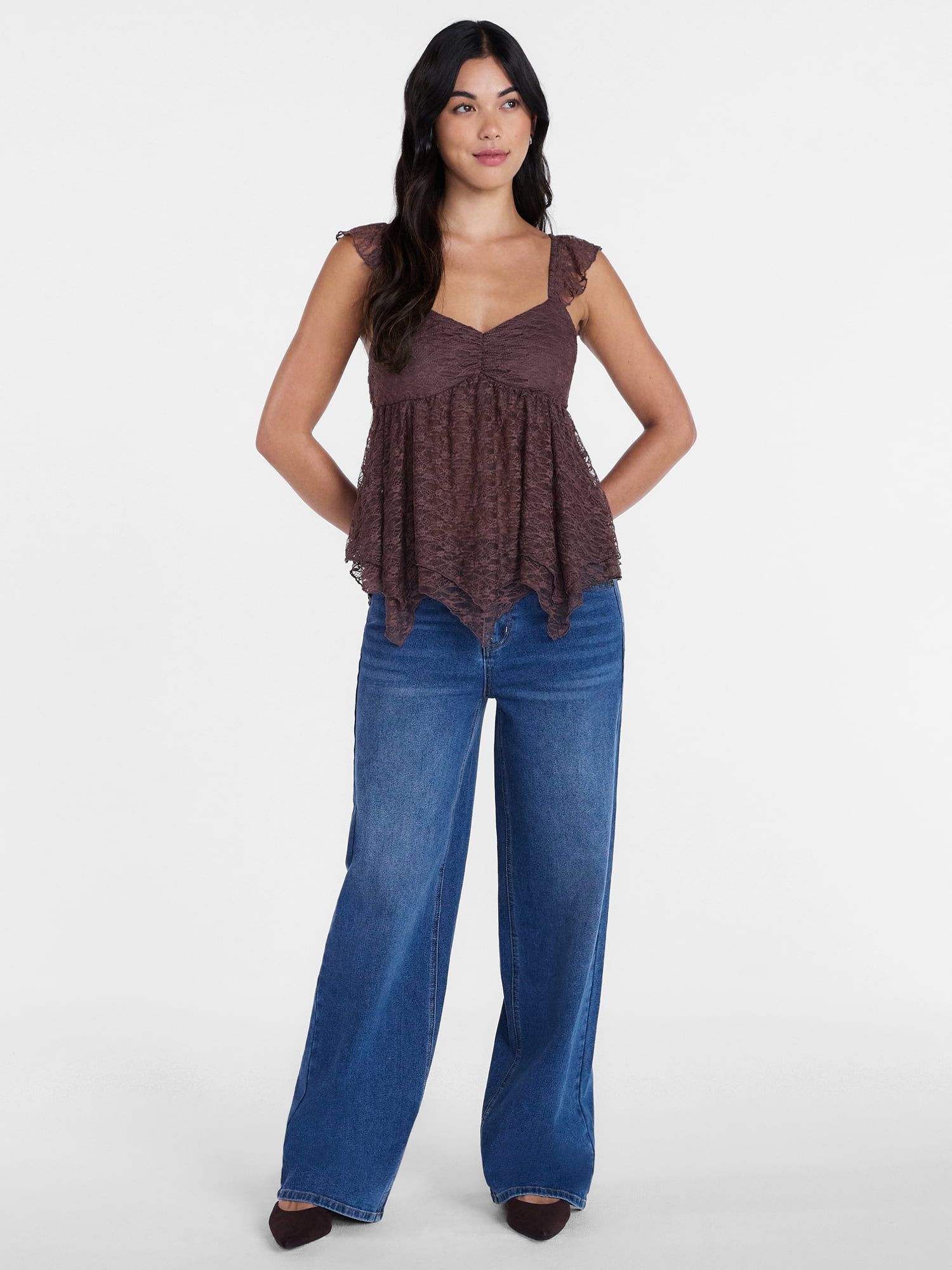 Madden NYC Floral Lace Babydoll Top with Flutter Sleeves, Sizes XXS-XXL