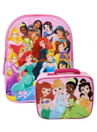 Disney Princess Backpack with Lunch Box for Girls ~ 5 Pc Bundle With Deluxe  16 Princess School Bag, Lunch Bag, Water Bottle, and More (Disney