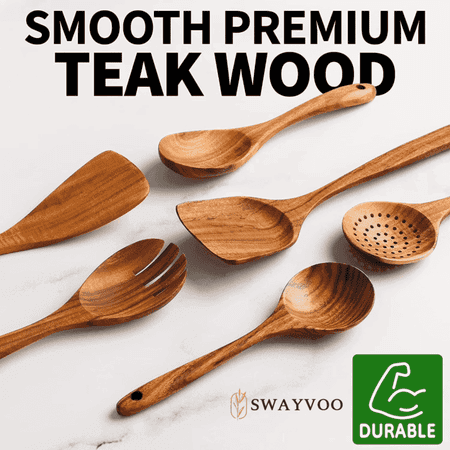 Wooden Kitchen Utensil Set, 6-Piece Wooden Cooking Spoons and Serving Spoons for Nonstick Cookware