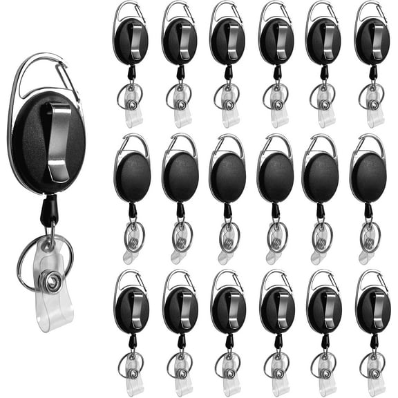 20 Pack Retractable Badge Holder with Carabiner Reel Clip, Bulk ID Card Key Holder with Ring, Heavy Duty Black Key Chain Extender for Office Work Employee