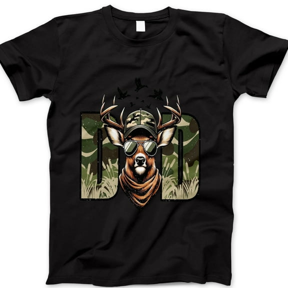 Deer Dad T-Shirt – Camo Hunting Graphic Tee with Cool Antler Buck in Sunglasses, Funny Father’s Day Gift for Outdoorsy Dad, Hunter Shirt