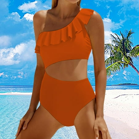 Stephy Women Cutout Swimsuits One Shoulder Ruffle Cut Out Bathing Suit Swimwear Monokini 2025  Orange Women s One Piece Swimsuits  L
