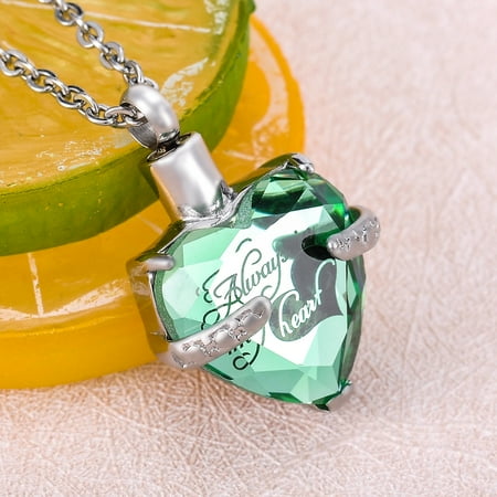 Crystal Heart Keepsake - Always in my heart Stainless Steel heart-shaped green crystal Keepsake Necklace pendant 32mmx21mm