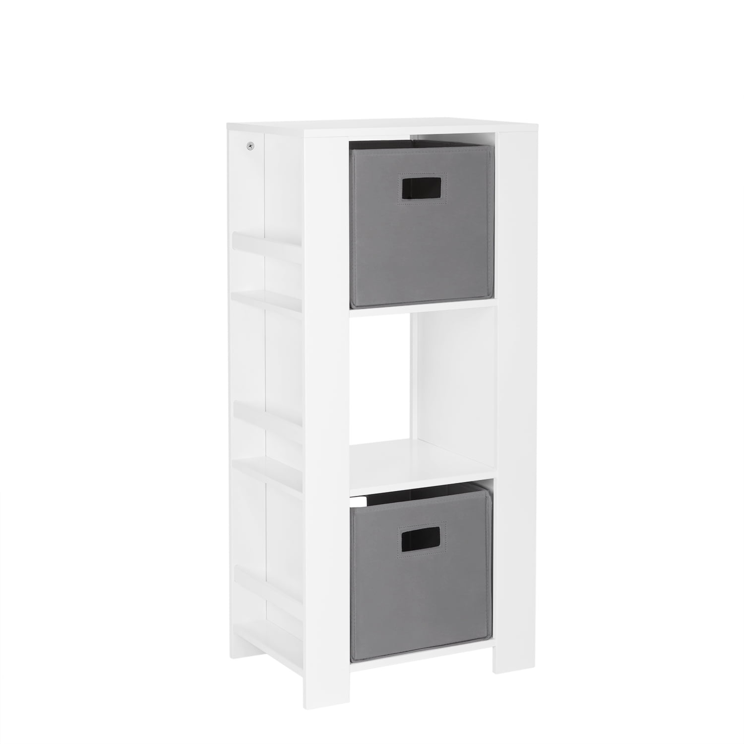 RiverRidge Kids Bookshelf Toy Organizer Tower with 3 Cubbies 6 Bookracks and 2 Gray Bins