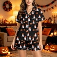 thumbnail image 2 of XINPING Women Halloween Pajamas Halloween Print Notch Lapel Short Sleeve Pajama Shorts Two Piece Outfit XL, 2 of 7