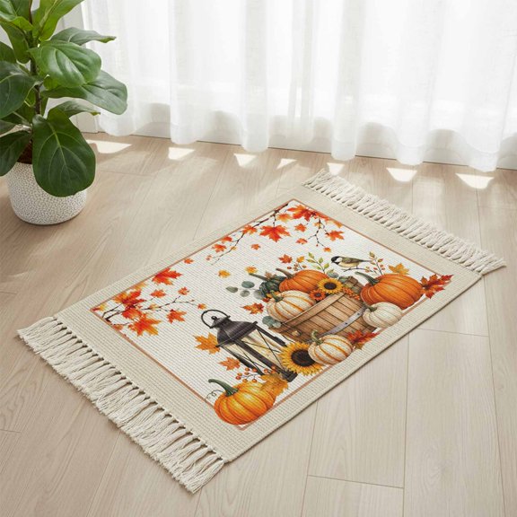 Autumn Thanksgiving Maple Leaves Boho Hallway Runner Rug 2x3ft, Kitchen Runner Rug Tassel Rugs, Farm Bird Sunflowers Area Rugs Floor Carpet for Living Room Bedroom Entryway