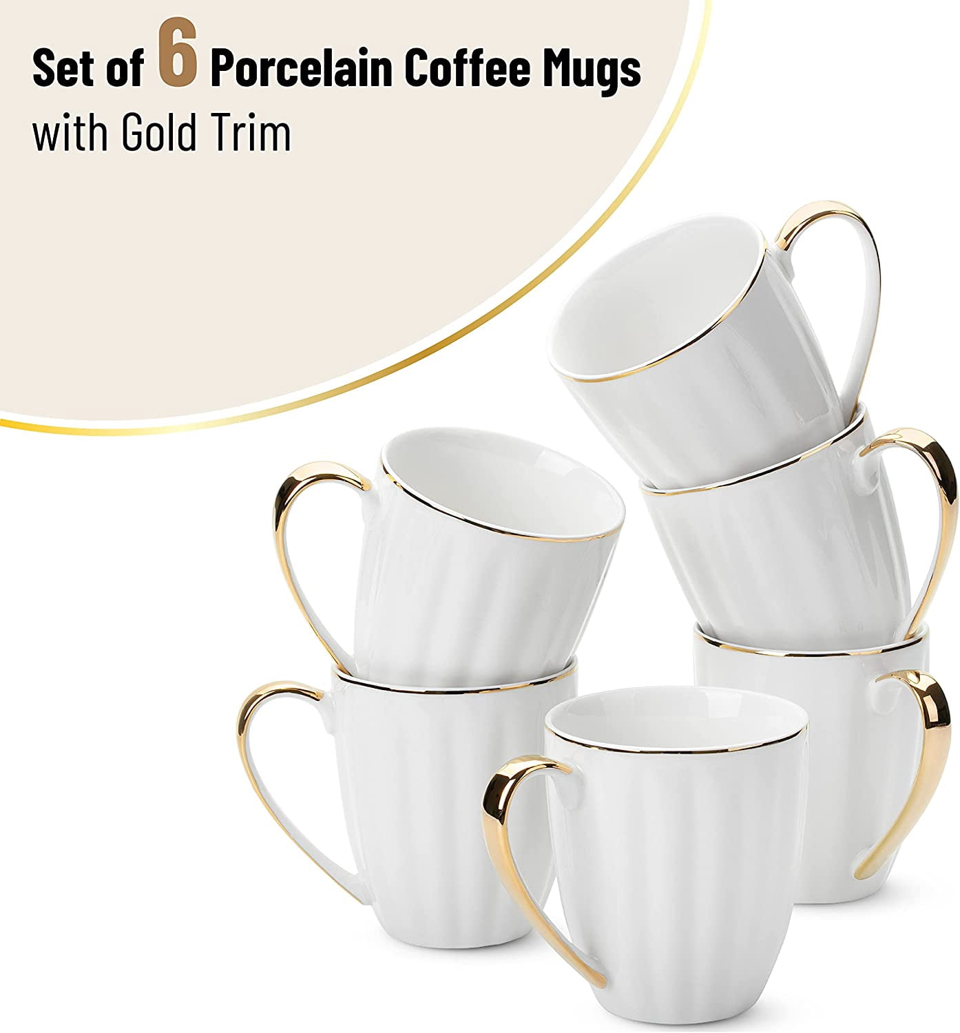 Brew To A Tea Set of 6 White Porcelain Coffee Mugs 12oz Gold Trim