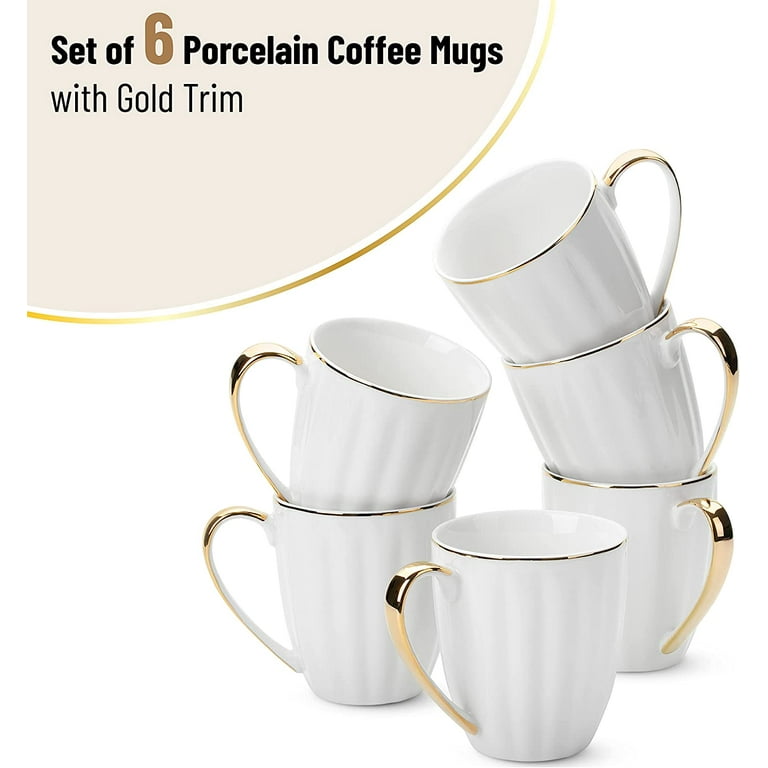 Brew To A Tea Set of 6 White Porcelain Coffee Mugs 12oz Gold Trim