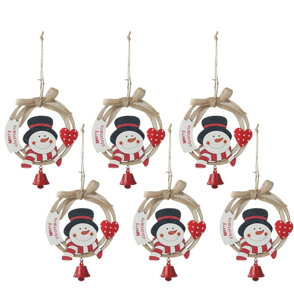 6PCS Christmas Wood Pendant Lovely Hanging Craft Ornament with Bowknot and Bell for Wedding Party Tree Decoration (Snowman)