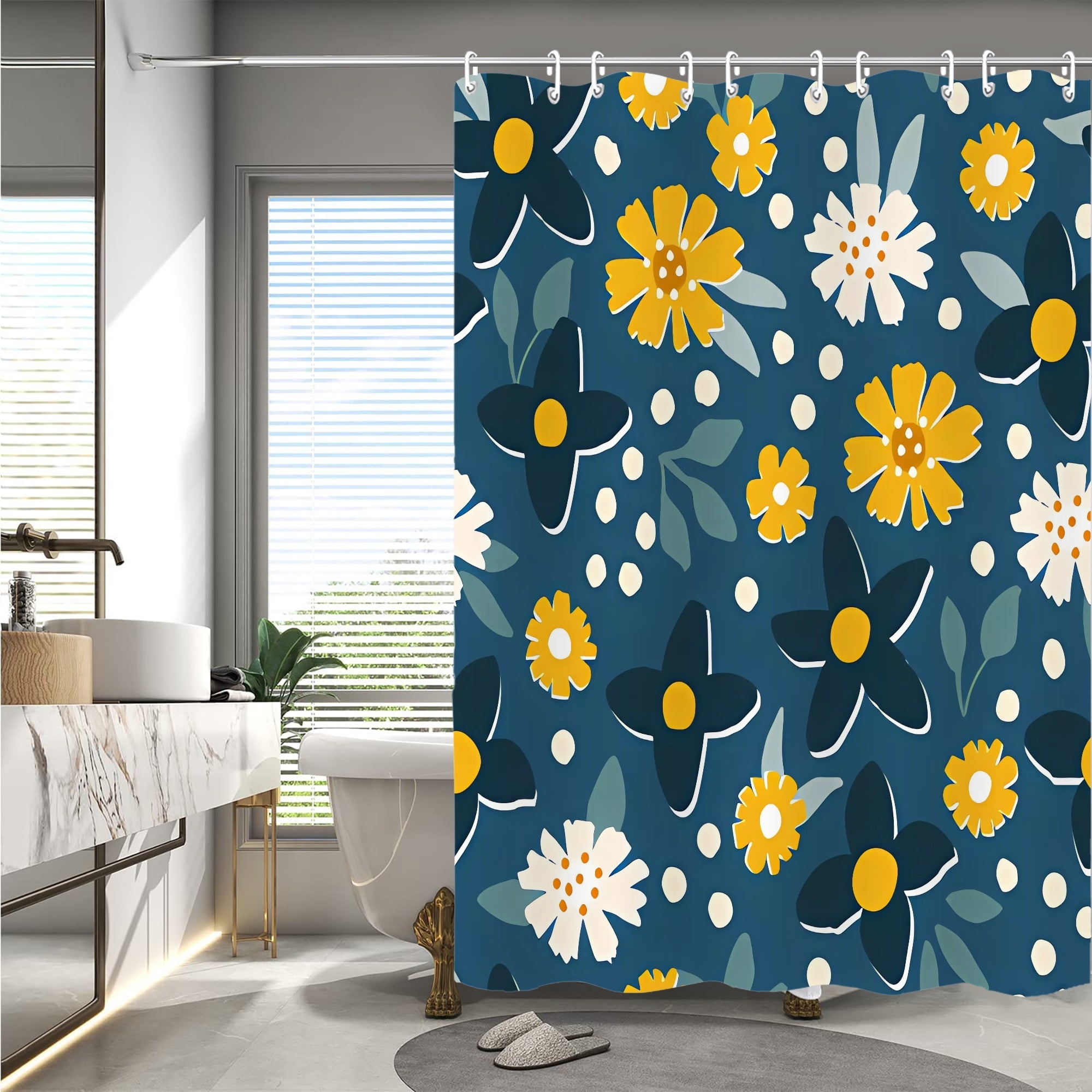 FABOTD Floral Shower Curtain Dark Blue Shower Curtain for Bathroom Chic
