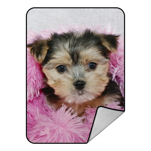 ECZJNT Cute Morkie puppy snuggled in a pink blanket Throw Blanket Fleece Blankets Plush Blanket