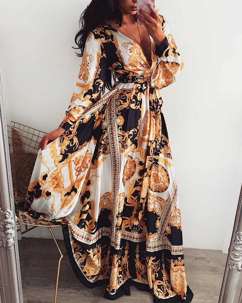 Long Sleeve V-Neck Boho Dress Holiday 