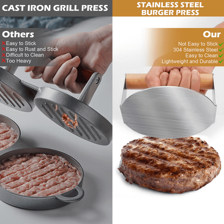 Stainless Steel Burger Press, 5.5 Inch Round Smasher, Non-Stick Smooth  Hamburger Press Flat Bottom Without Ridges, Bacon Grill Perfect for Top  Griddle