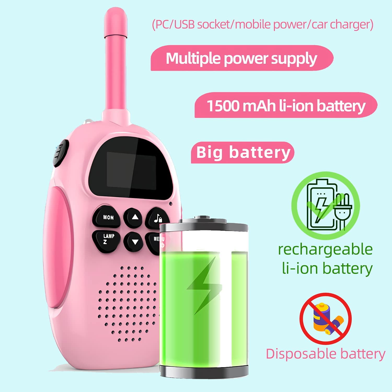 Walkie Talkies for Kids Rechargeable 1500Mah Long Range Walkie Talky for  Boys Girls, with 22 Channels Way Radio and LCD Screen, Toys Gift ，2 PCS 