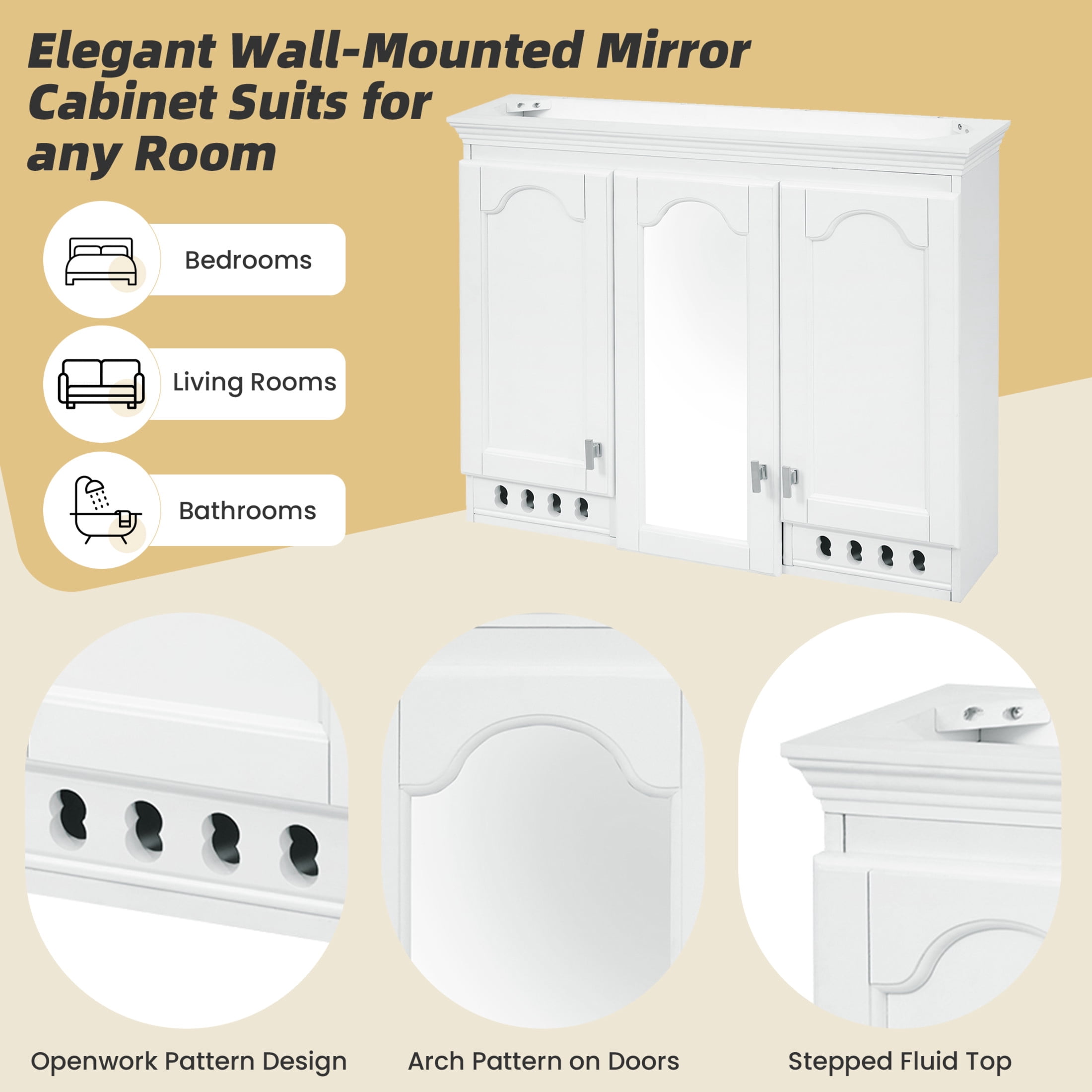 Noble House 35" Wall Mounted Mirror Cabinet with Adjustable Shelves, Soft-Close Hinges, White