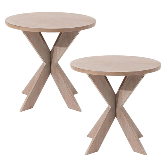 COZAYH Farmhouse Round Wooden End Table with Cross Legs, Vintage Grey, Set of 2