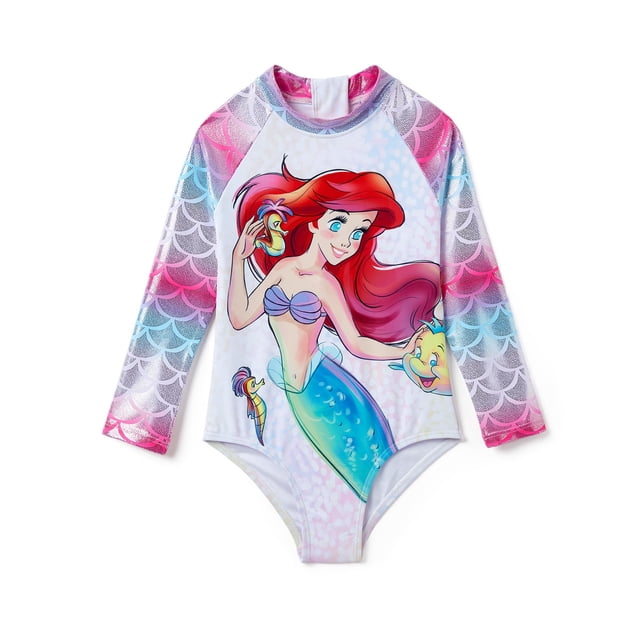 Traje de baño Disney Ariel para niñas con UPF 50+, manga larga, talla 2