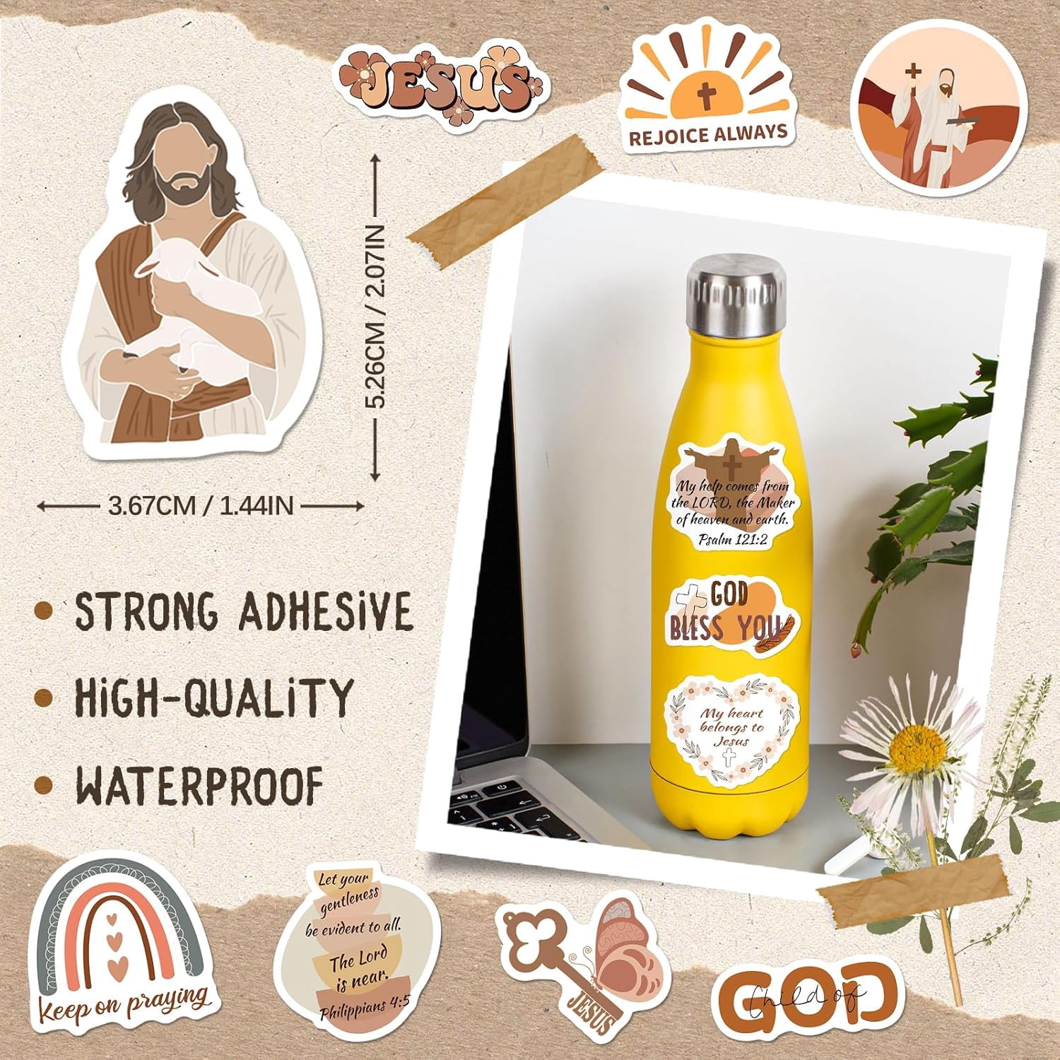 200PCS Boho Christian Stickers, Bible Verse Jesus Faith Stickers (Waterproof Vinyl) for Scrapbook Journal Bottle, Religious Supplies & Christian Gift for Kids Women